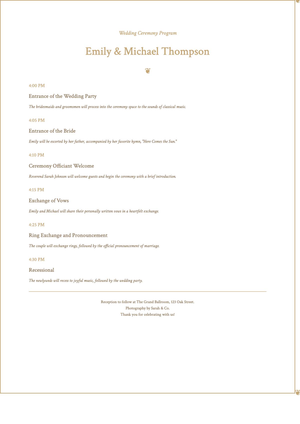 Elegant wedding celebration program with gold floral borders and formal schedule_variant_1